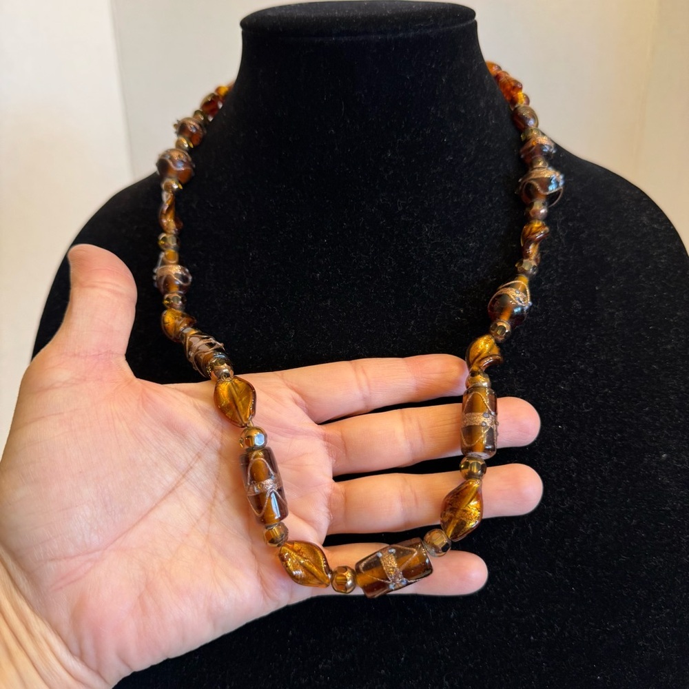 Vintage Brown Amber Color Gold Foil Lampwork Handmade Art Glass Beaded Necklace